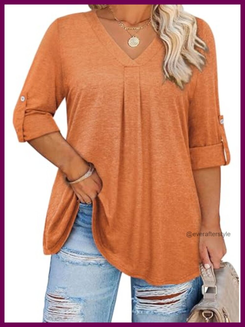 Plus Size Tunic Top 3/4 Sleeve V Neck Blouse Fit Flare High Low Hem